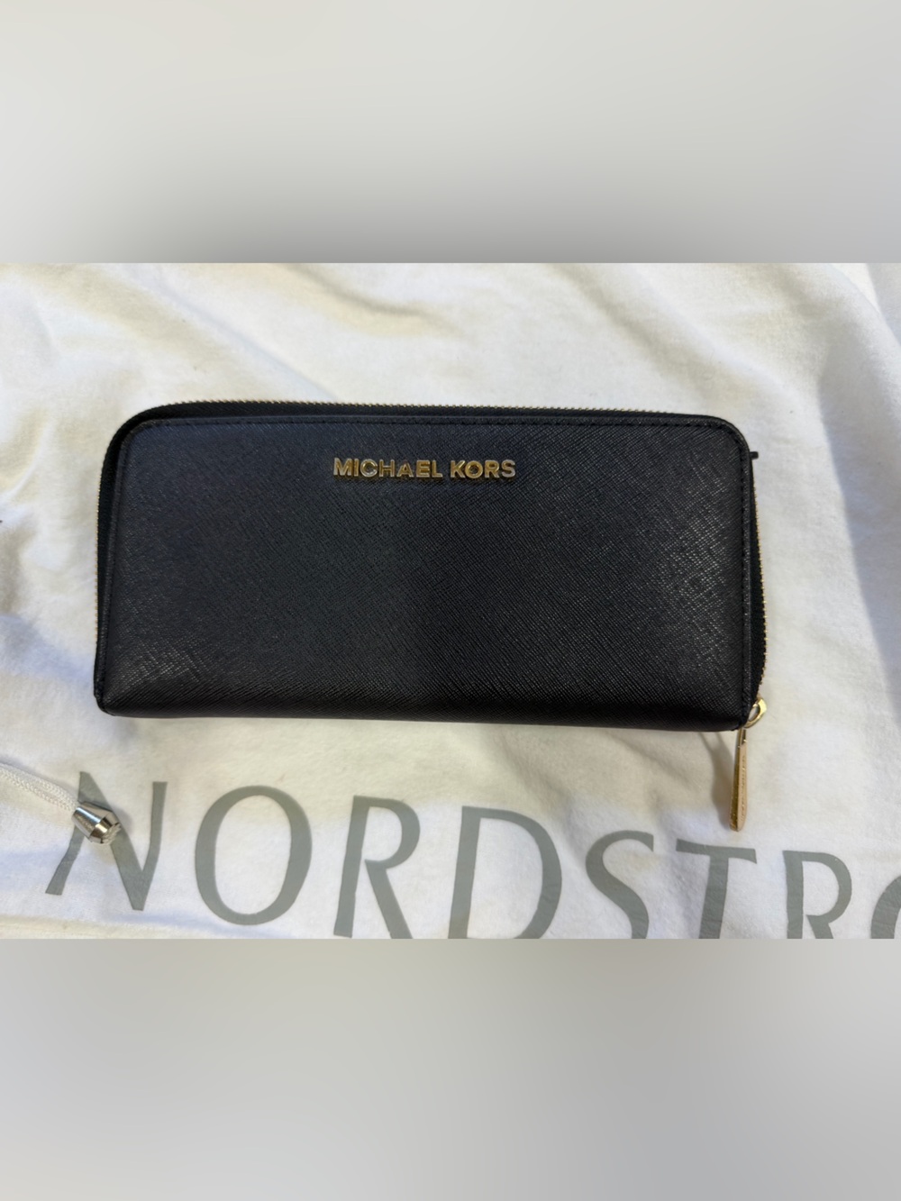 Michael Kors Black Saffiano Leather Zip Wallet with Gold Logo